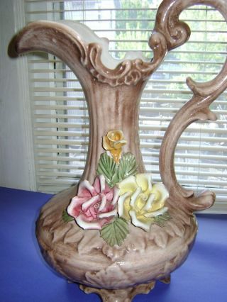 Vintage Large Capodimonte Pitcher Or Vase With Handle And Flowers 17 1/2 " H 13 " W