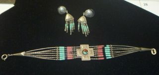 Vintage Navajo Liquid Sterling Silver 7 - Strand Bracelet And Earrings Set