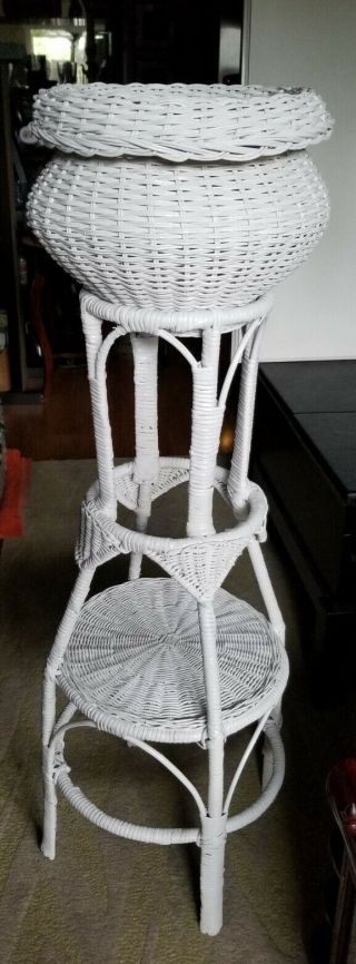 Rare Vintage Mcm Two - Tier White Wicker Plant Stand With Removeable Basket