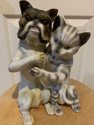 Antique Porcelain Dog And Cat Bank George Borgfeldt Large Double Coin Bank Rare