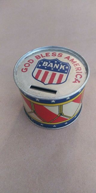 Antique/vintage J.  Chein “god Bless America” Patriotic Tin Litho Drum Bank