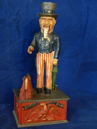 Uncle Sam Painted Cast Iron Mechanical Bank Book Of Knowledge 1950 