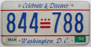 Washington Dc 1998 " Celebrate & Discover " License Plate,  844 788