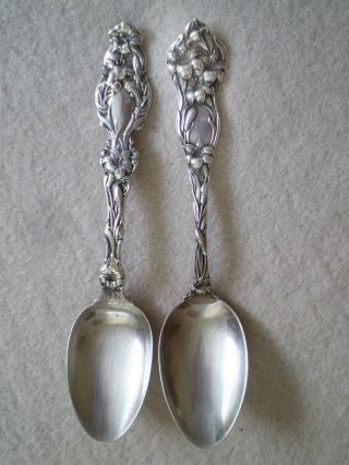 2 Vintage Antique Sterling Silver Teaspoons Floral Lily Patterns Whiting Gorham