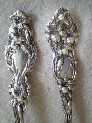 2 Vintage Antique STERLING SILVER TEASPOONS Floral LILY Patterns WHITING GORHAM 3