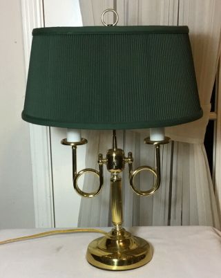 Vintage Alsy French Horn Brass Bouillotte 2 Light Table Lamp W/ Green Shade