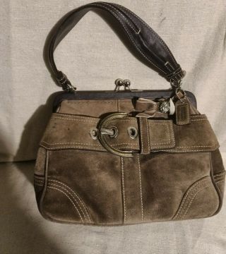 Coach Vintage Olive Green Suede Brown Leather Framed Kisslock Buckle Bag 8a25