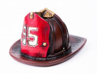 Vintage Ceramic Red & Brown Miniature Firefighter Helmet Coin Piggy Bank
