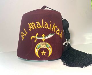 Vintage Al Malaikah Masonic Shriners Bejeweled Fez Hat Black Tassel Pins