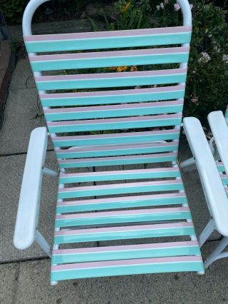 Vintage Folding Lawn Chair w/Vinyl Straps Aqua Pink Metal SET OF 2 3