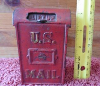 Antique Cast Iron U.  S.  Mail Post Box Piggy Bank Still Usps Red 4 - 1/2 " Vintage