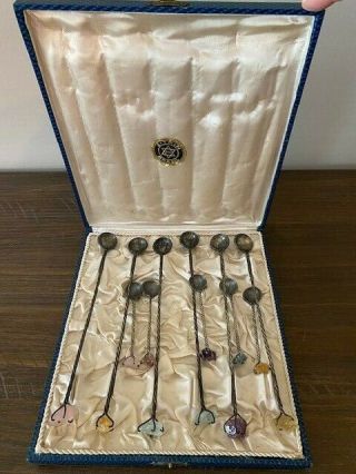 Antique Zitrin Brazil Silver Jeweled Coin Spoons Set Of 11 Ships