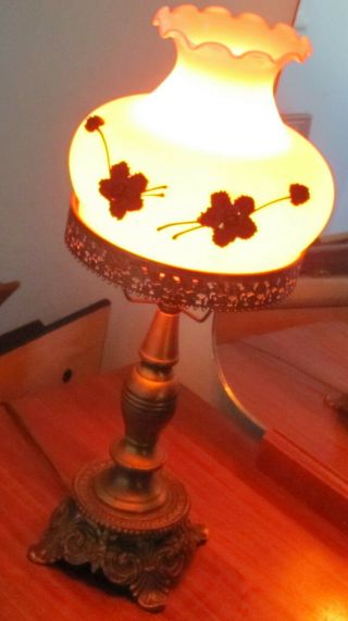 Vtg Hurricane Table Lamp Pink Glass W/ Metal Roses L&l Wmc Gone With The Wind