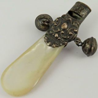 Antique Mother Of Pearl Teething Ring Sterling Silver Bell Whistle Baby Rattle