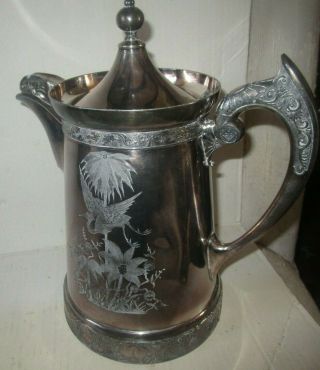 Antique Wilcox Quadruple Silver Plated Teapot Coffee Water Ornate Etch Flamingo