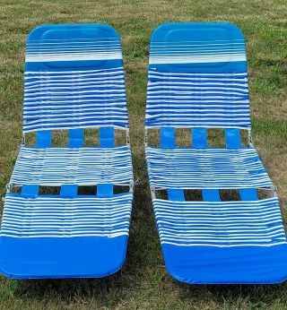 Vintage Folding Chaise Laydown Lounge Chairs Blue Deck Pool Vinyl Tube Plastic