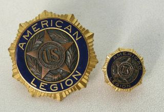 2 Vintage American Legion Us Star Blue Enamel Button Screw Back Pins 1 " & 5/8 "