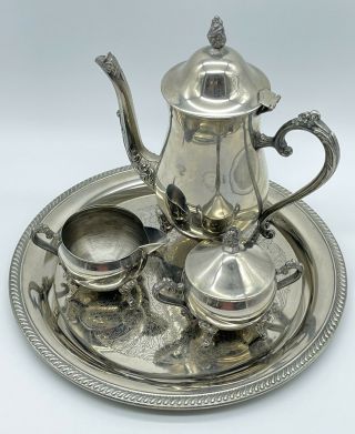 Wm Rogers Silver - Plated Tea Set Plate Tea Pot Creamer & Sugar Bowl Vintage 1969