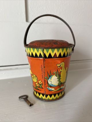 Antique Easter Theme Tin Plate Bucket Shaped Money Box,  C 1930