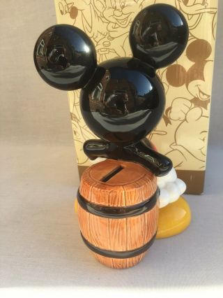 Rare 9” Disney Store Ceramic Mickey Mouse With Barrel Money Box Bank BOXED VGC 3