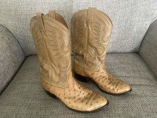 Vintage Tony Lama Ostrich Cowboy Boots Men Size 10 Eee Tan Leather