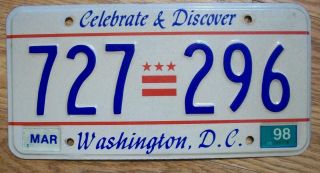 Single Washington Dc / District Of Columbia License Plate - 1998 - 727=296