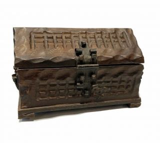 Carved Pirate Wood Treasure Chest Mens Jewelry Trinket Box Vtg Spanish Gothic