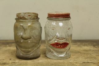 2 Vintage Lucky Joe Bank Glass Jar Bottles Nash 