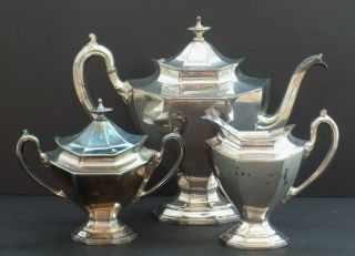 Art Deco Reed & Barton Silver Tea Set 3690 Tea Pot Creamer Covered Sugar Seirra