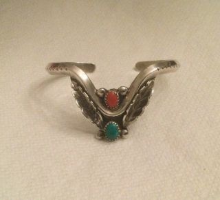 Vintage Navajo Silver Cuff Bracelet With Turquoise And Coral By J.  Spencer