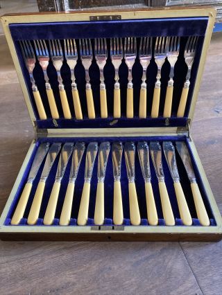 Vintage Silver Plated Set Of 12 Fish Knives & Forks In Wood Box.