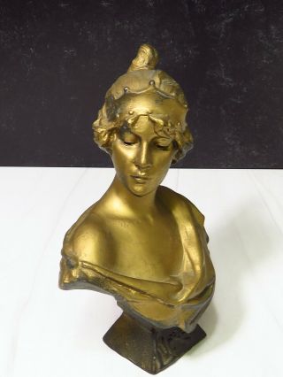 Vintage Old Art Nouveau Cast Spelter Metal Bust Of Woman Statue 8 "