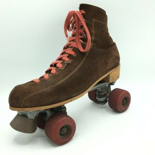 Vintage Mens 10 Brown Suede Leather Roller Skates Hang Ten Wheels Derby Lace Up