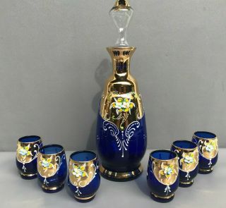 Vtg Czech Bohemian Decanter & 6 Glasses Cobalt Blue Glass Enameled Gold Plated