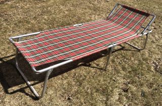 Retro Vintage Aluminum Plaid Folding Camping Cot Mobile Bed Outdoors Tent