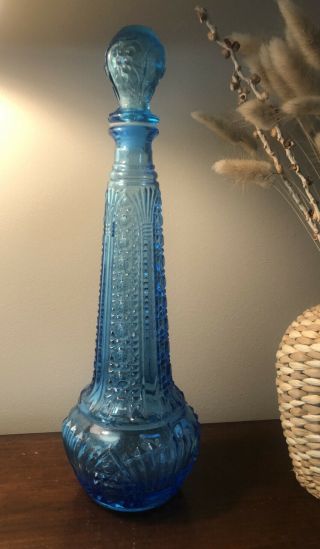 Vtg Mcm Empoli Art Glass Genie Bottle W/ball Stopper Blue Italy Diamond Points