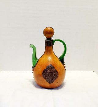 Vintage Decanter Leather Wrap Green Glass Wine Bottle With Ice Chamber