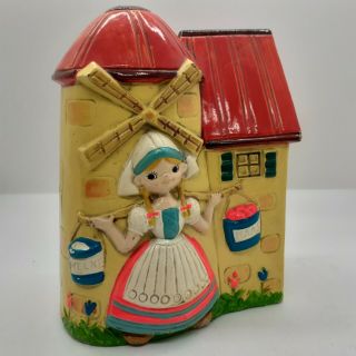 Vintage Piggy Coin Bank Ceramic Dutch Girl In Front Of Windmill Rare