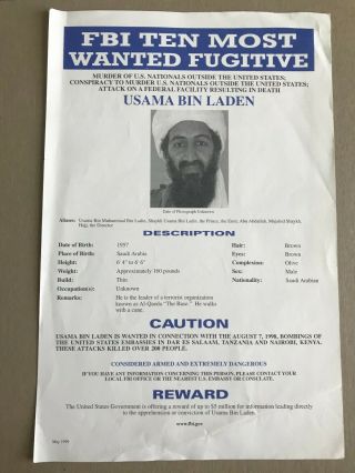 Osama Bin Laden Fbi Wanted Poster,  May 1999 Printing,  8 1/2 X 13 See Photos