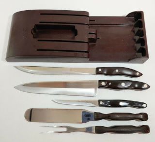Vtg Cutco 5 Piece Knife Set 1023 1025 Carving Fork,  Spatula Bakelite Wall Rack