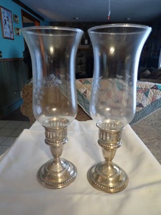 Rare Pair Empire Weighted Sterling Silver Glass Candle Holders Hurricane Shade