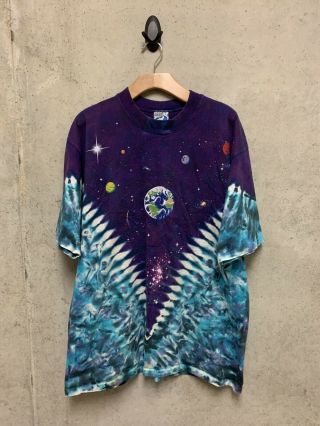 Vintage 90s 1992 Liquid Blue Outer Space Tie Dye T Shirt Sz Large Planets Galaxy