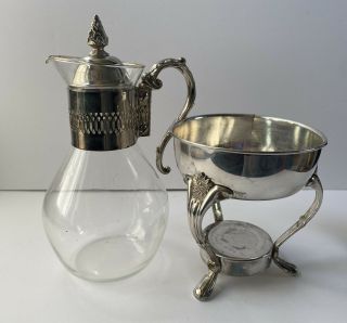 Vintage Silver Plate & Glass Coffee/tea Carafe Pitcher W Footed Warmer Stand