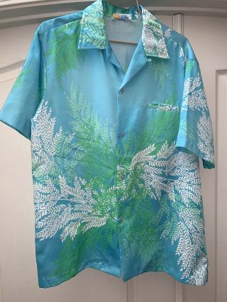 Vtg 50s Andrade Honolulu Hawaiian Shirt Ocean Blue Green & White Sz L