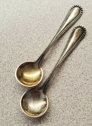2 Vintage/antique Sterling Silver 2 - 5/8 " Round Bowl Beaded Edges Salt Spoons