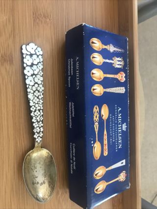 1956 Gold Wash Sterling Silver Christmas Spoon A Michelsen Enamel Flower Danish