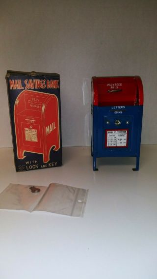 Vintage U.  S.  Mail Box Tin Coin Bank Made In Japan W/box & Key