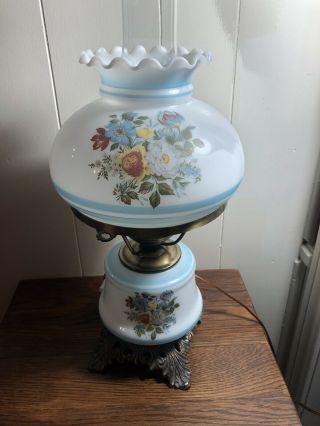 Vintage 3 - Way Hurricane Table Lamp Blue/floral 18 " Gone With The Wind/farmhouse