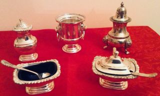 Silver And Silver Plated Salt And Pepper Miniature Ice Bucket And Server Dishes