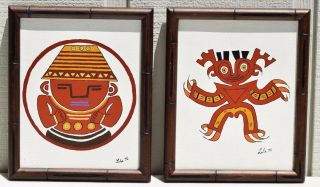 Pair Vintage Tribal Native Oil Paintings Signed Lola Bamboo Style Tiki Abstract